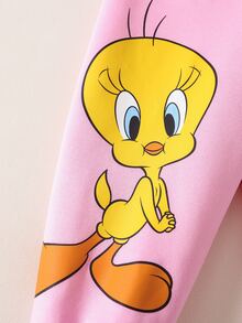LOONEY TUNES X SHEIN Baby Girl Round Neck Contrast Color Cartoon Print Long Sleeve Sweatshirt And Matching Casual Sweatpants Set - Pink - View 8