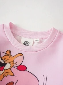 TOM & JERRY X SHEIN Baby Girl Cartoon Tom And Jerry Pattern Crew Neck Long Sleeve Sweatshirt And Elastic Waist Long Pants 2 Pieces Set - Pink - View 4