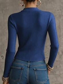 LUMIGAL Women's Fall Fashion Double-Breasted White And Gold Button Decor Ribbed Knit Cardigan Stand Collar Zip Front Slim Fit Cropped Sweater Elegant - Royal Blue - View 2