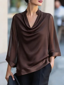 EMERY ROSE Women's Plus Size V-Neck Simple Elegant Blouse Suitable For Dating, Vacation, Party, Daily Wear, Gathering, Outdoor Activities - Brown - View 1