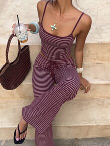 Aloruh Women's Striped Colorblock Camisole Top And Drawstring Waist Long Pants Set - Burgundy - View 5