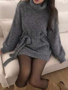 DAZY 女款高領純色長袖綁帶優雅韓風毛衣 - 灰色 - 查看 4