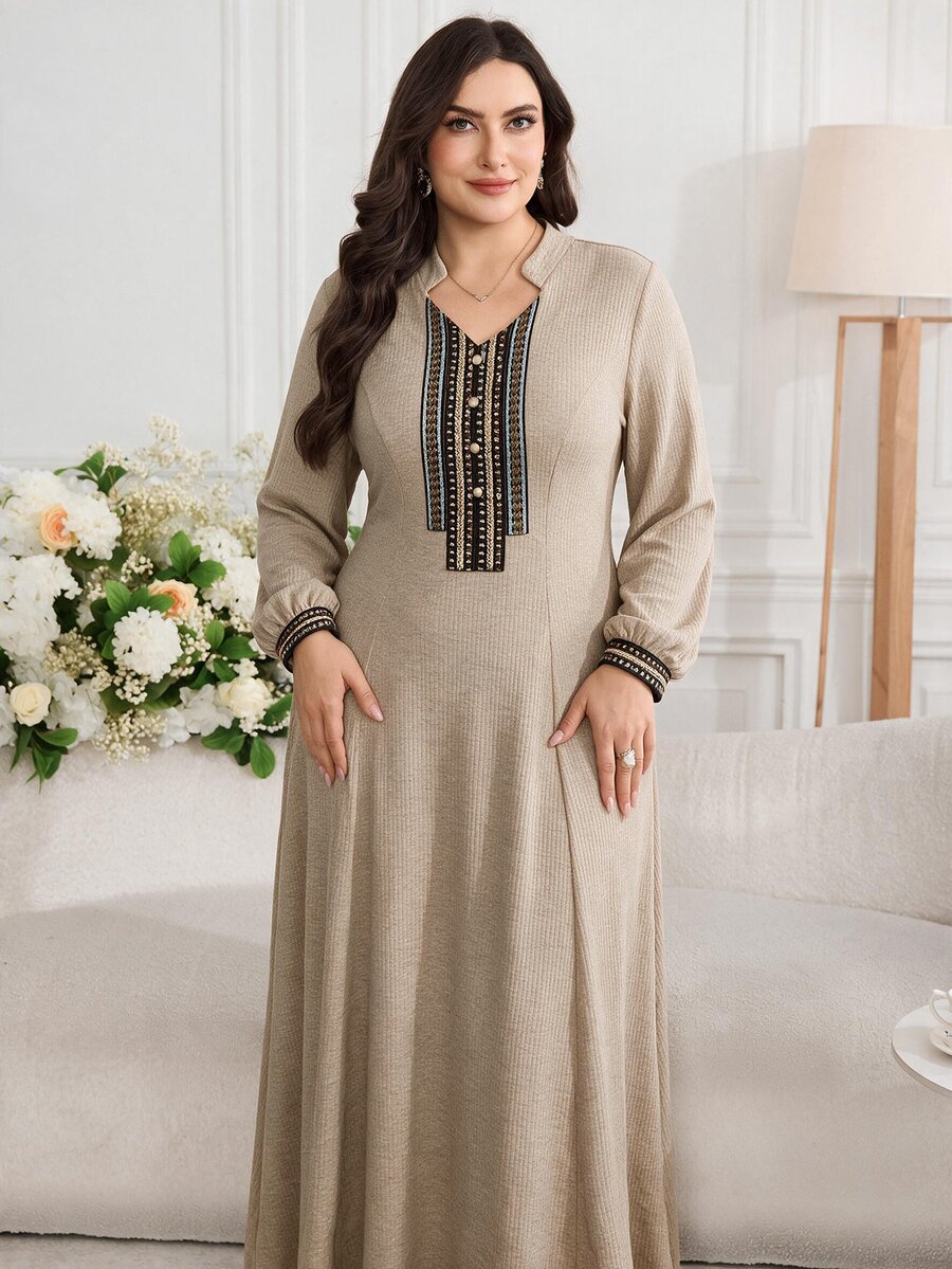 Al Najma Plus Size Women's Notched V-Neck Long Sleeve Print Patchwork Arabian Dress - Khaki - View 1