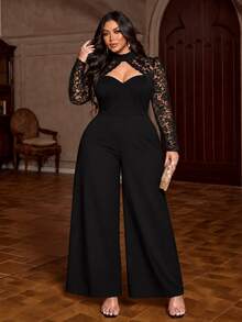 NU&NOW Plus Size Women French Elegant Lace Patchwork Solid Color Woven Sexy Party Date Outing Hollow High Neck Wide Leg Jumpsuit - Black - View 1