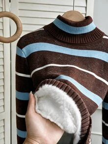Ellevyn Striped High Neck Thermal Lined Long Sleeve T-Shirt - Coffee Brown - View 2