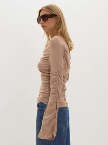 MUSEYN Nude Jersey Ruched Flared Sleeve Top Versatile Everyday Casual Chic New Season Fall - Khaki - View 3