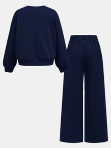 SHEIN Girlism 青少年女孩紐約字母印花運動衫與直筒長褲2件套，白色，秋季，休閒，校園，返校季，舒適秋冬穿搭 - 藍色 - 查看 2