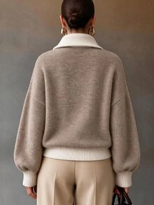 Omancia Elegant Lapel Zipper Dropped Shoulder Lantern Sleeve Design Women's Cardigan - Khaki - View 2