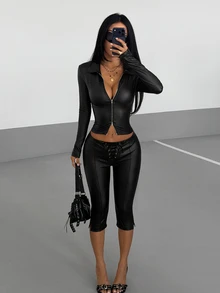 StreetHx Women's Solid Color Elastic Fitted Zipper Top & Drawstring Pants Fashion 2 Pieces Set - Black - View 5