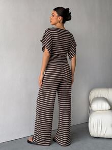 SHEIN Tall Women's Striped Short Sleeve 2 Pieces Set - Brown - View 2