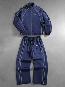 PAVTROS Men's Colorblock Long Sleeve Jacket And Pants Casual Daily Set - Blue - View 1