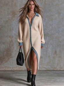 Linhara CURVE Women's Plus Size Colorblock Knit Brushed Ribbed Long Shirt Dress, Denim Collar, Patchwork Ribbed Cuffs, Long Sleeve Cardigan Dress, Casual/Commute/Autumn Winter Dress - Apricot - View 1