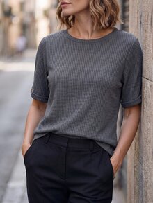 EMERY ROSE Spring/Autumn Casual Grey Lake Green Waffle Knit Round Neck 3/4 Rolled Sleeve Button Plus Size T-Shirt - Green - View 4