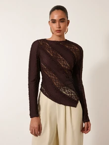 MERLEAU Women's Modern Brown Knit Lace Top - Brown - View 6