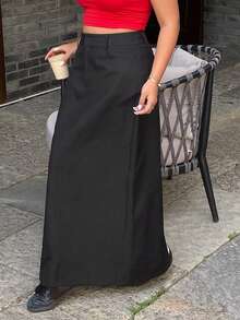 Dazy Plus Solid Color Fitted Long Skirt With Slit - Black - View 2