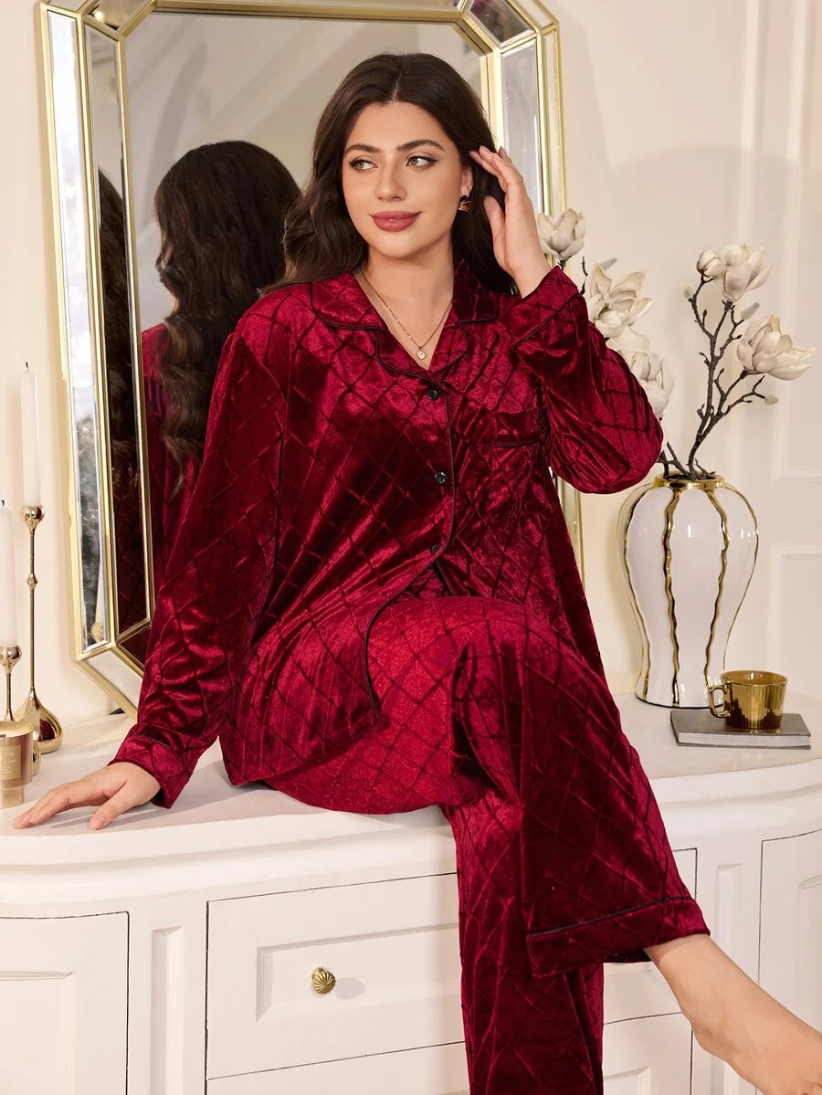 MuseNap CURVE Plus Size Long Sleeve Plaid Jacquard Velvet Pajama Set, Wearable As Outerwear - Burgundy - View 1