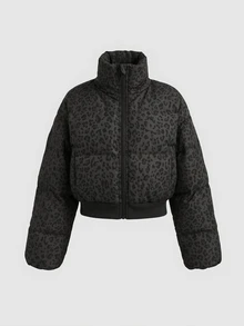 SHEIN 青少年女孩棕色波點寬鬆短版立領羽絨填充冬季外套 - 黑色 - 查看 4