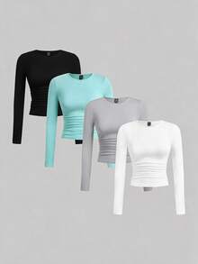 SHEIN EZwear 黑色卡其色深棕色白色針織女款圓領長袖抓皺緊身T恤 日常秋季極簡基礎簡約 - 彩色 - 查看 1
