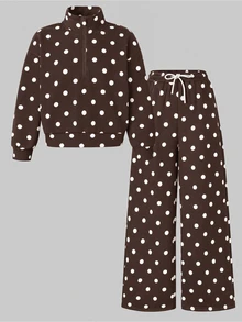 SHEIN 青少年女孩秋季套裝 1/4 拉鍊寬鬆衛衣與運動長褲套裝，休閒版型，返校季，秋冬穿搭 - 棕色 - 查看 7