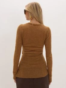 MUSEYN Mustard Knit Wrap Tie Waist Detail Sheer Rib Top Versatile Everyday Casual Chic Date Night New Season Fall - Mustard Yellow - View 4