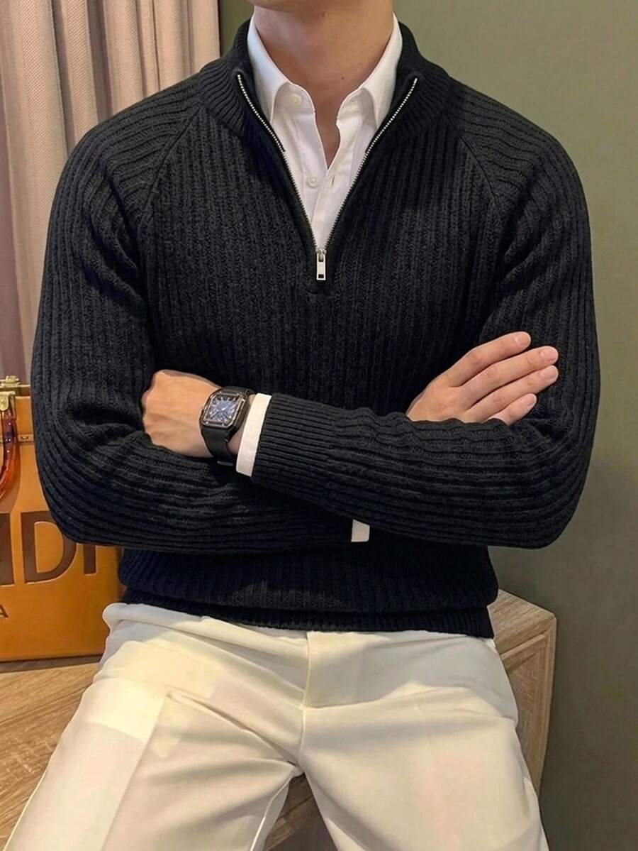 Claim Dot 男士極簡百搭羅紋長袖針織衫 日常穿著 老錢風情侶套裝 - 黑色 - 查看 1