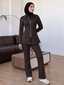 Solavon Women's Casual Elegant Modest Zip-Up Long Sleeve Jacket And Pants 2 Pieces Set Office Taupe Fall - Coffee Brown - View 6