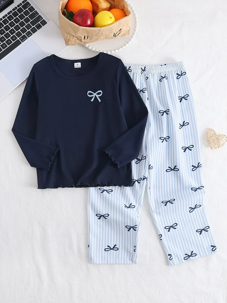 SHEIN 2-Piece Girls Toddler Navy Blue Bow Graphic & Light Blue White Stripe Print Long Sleeve & Long Pants Autumn/Winter Pajamas, Soft Ribbed Knit Casual - Blue - View 1