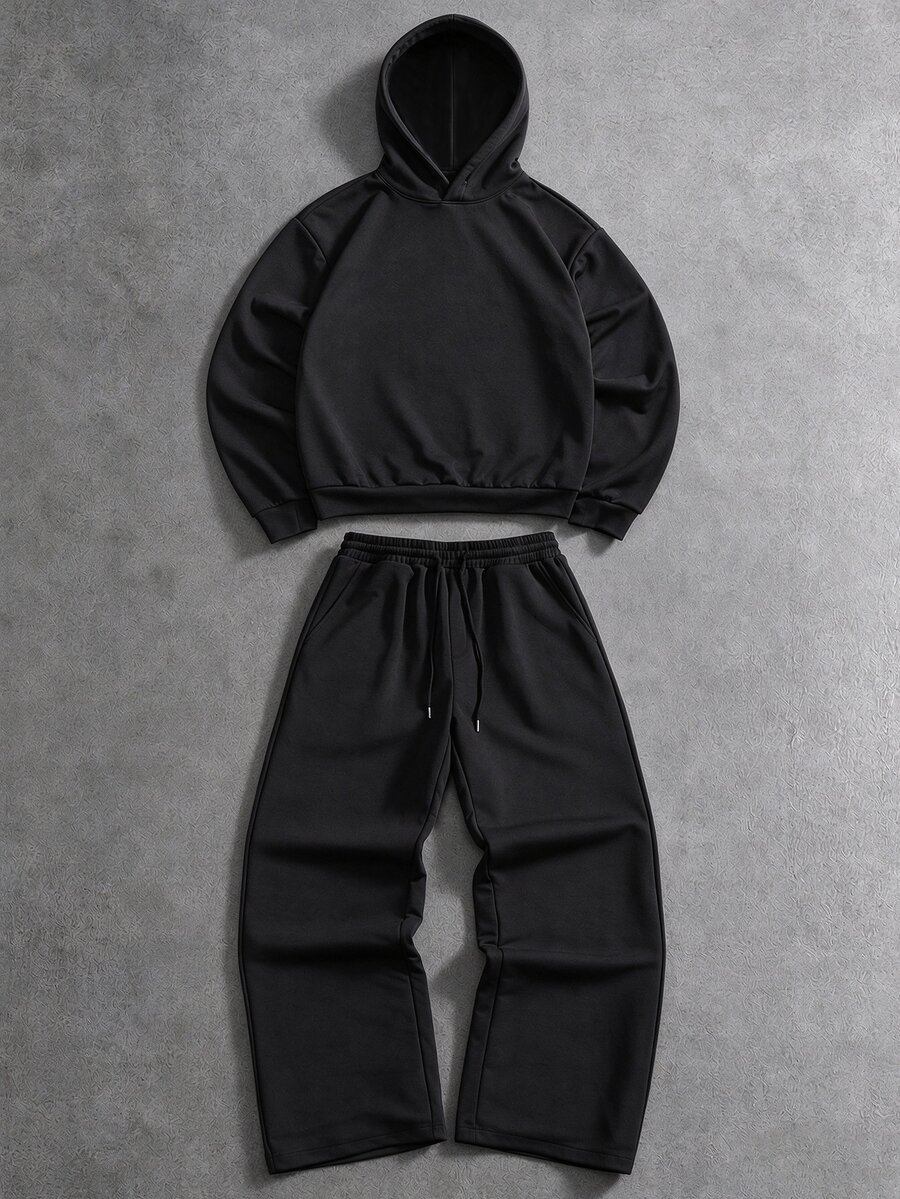 Manfinity Hypemode Men's Solid Color Hoodie Sweatshirt Set With Drawstring, For Sports, Outdoor, Fitness And Commuting - Black - View 1