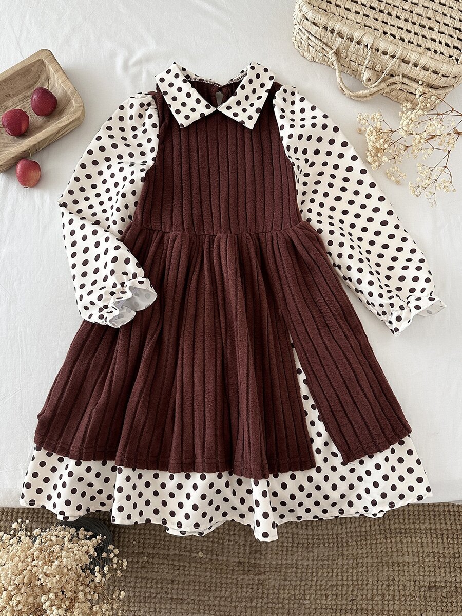 SHEIN Tween Girls 2-In-1 Knit Polka Dot Collar Long Sleeve Dress - Multicolor - View 1