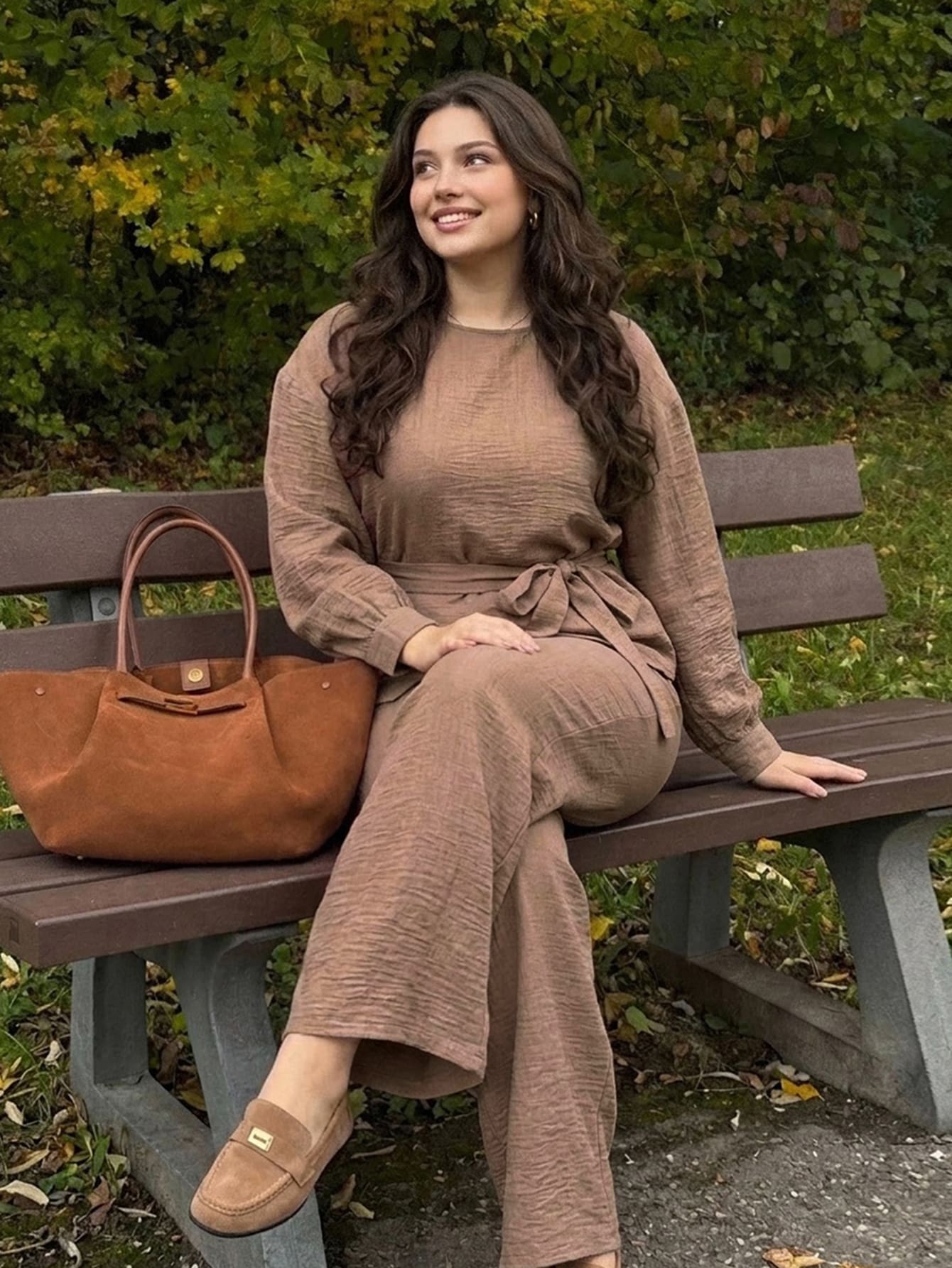 Dazy Plus Spring/Autumn New Casual Round Neck Long Sleeve Cinched Waist Blouse And Loose Wide Leg Pants 2 Pieces Set - Khaki - View 1