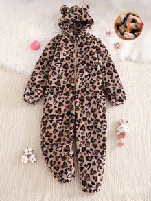 SHEIN Tween Girl Long Sleeve Fleece Fashionable Cute Leopard Ear Hooded Jumpsuits, Suitable For Indoor & Outdoor Wear In Winter - Multicolor - View 3