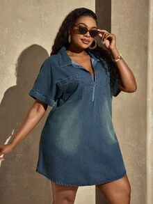BriallanyX BriallanyX Women's Zipper Half-Open Collar Short Sleeve Denim Dress Weekend Everyday Fall Casual Streetwear - Black - View 4