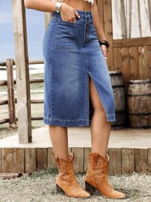 SHEIN Tall Women's Casual Daily Denim Skirt With Pockets, Button And Slit Design - Blue - View 6