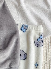 Girls' Cute Koala Embroidered Glasses Design Fleece-Lined Thermal Pajama Set, Round Neck Long Sleeve Top And All-Over Koala Print Pants, Ribbed Collar Cuffs And Hem, Soft Warm Comfortable Home Sleepwear, 2 Pieces Set, FW - Grey - View 7