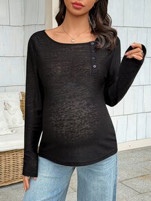 Dazy Maternity Solid Color Fitted Asymmetrical Collar Long Sleeve Casual Versatile Daily Korean Style Spring Autumn Maternity T-Shirt - Black - View 5