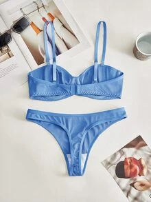 Lowkey Lull 2pcs Set Underwire 1/2 Cup Lift & Gather Minimalist Comfortable High Elasticity High Support Women's Bra Set - Dusty Blue - View 2