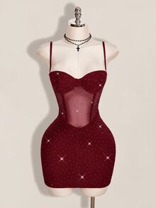 SHEIN ICON 女款時尚性感亮片網紗拼接細肩帶迷你洋裝 - 紅色 - 查看 12