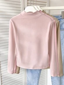 SHEIN 青少年女孩秋冬休閒百搭極簡風抓絨內裡高領修身長袖T恤 灰粉色 百搭校園風 - 粉色 - 查看 2
