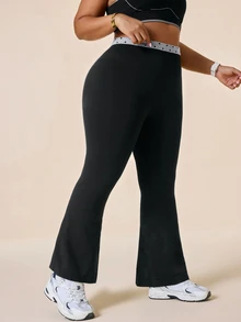 SHEIN Rhythm Era سروال ضيق نسائي بدون خياطة بقصة واسعة من الأسفل مقاس كبير - الأسود - مشاهدة 5
