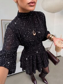 Ellevyn Women's Long Sleeve Short Dress, Shiny Multi-Layered Dress, Urban Renaissance Street Style, Casual Fashion, Creative Personalized Streetwear Party - Chocolate Brown - View 6