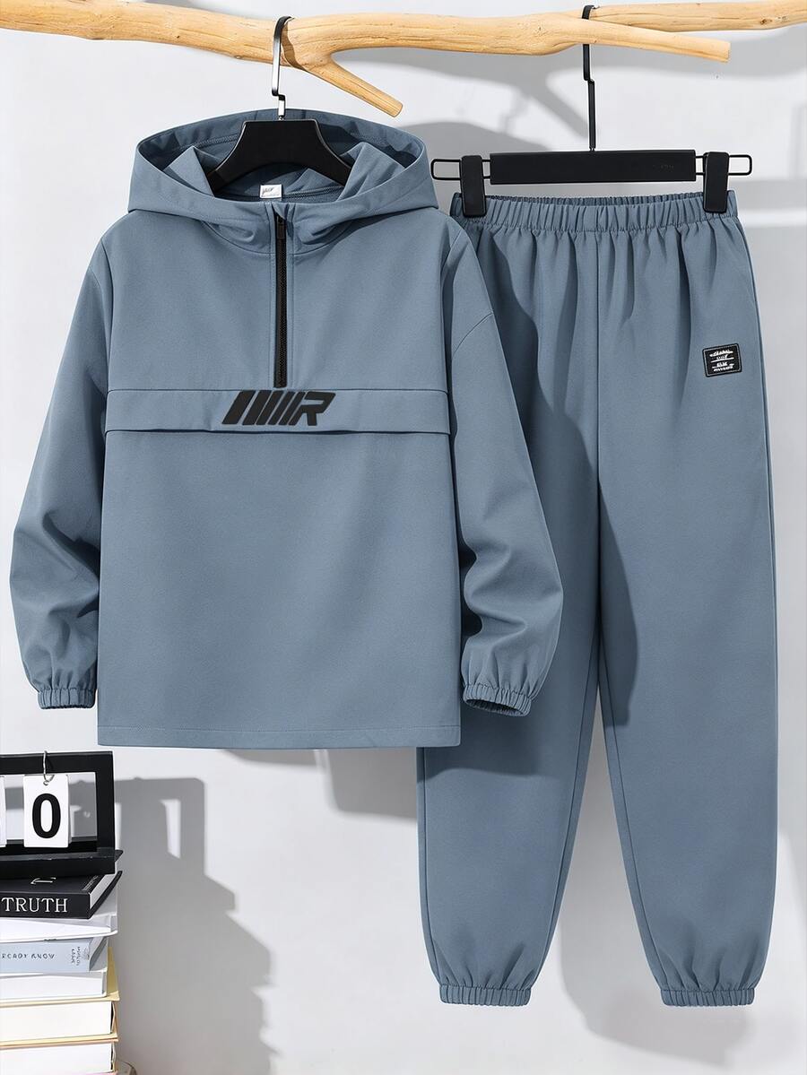 SHEIN 青少年男孩字母印花連帽拉鍊外套與彈性腰長褲休閒套裝 - 霧霾藍 - 查看 1