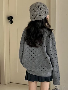 Dazy Kids Tween Girls Bow Decor Polka Dot Long Sleeve Sweater - Dark Grey - View 3