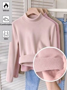 SHEIN 青少年女孩秋冬休閒百搭極簡風抓絨內裡高領修身長袖T恤 灰粉色 百搭校園風 - 粉色 - 查看 1