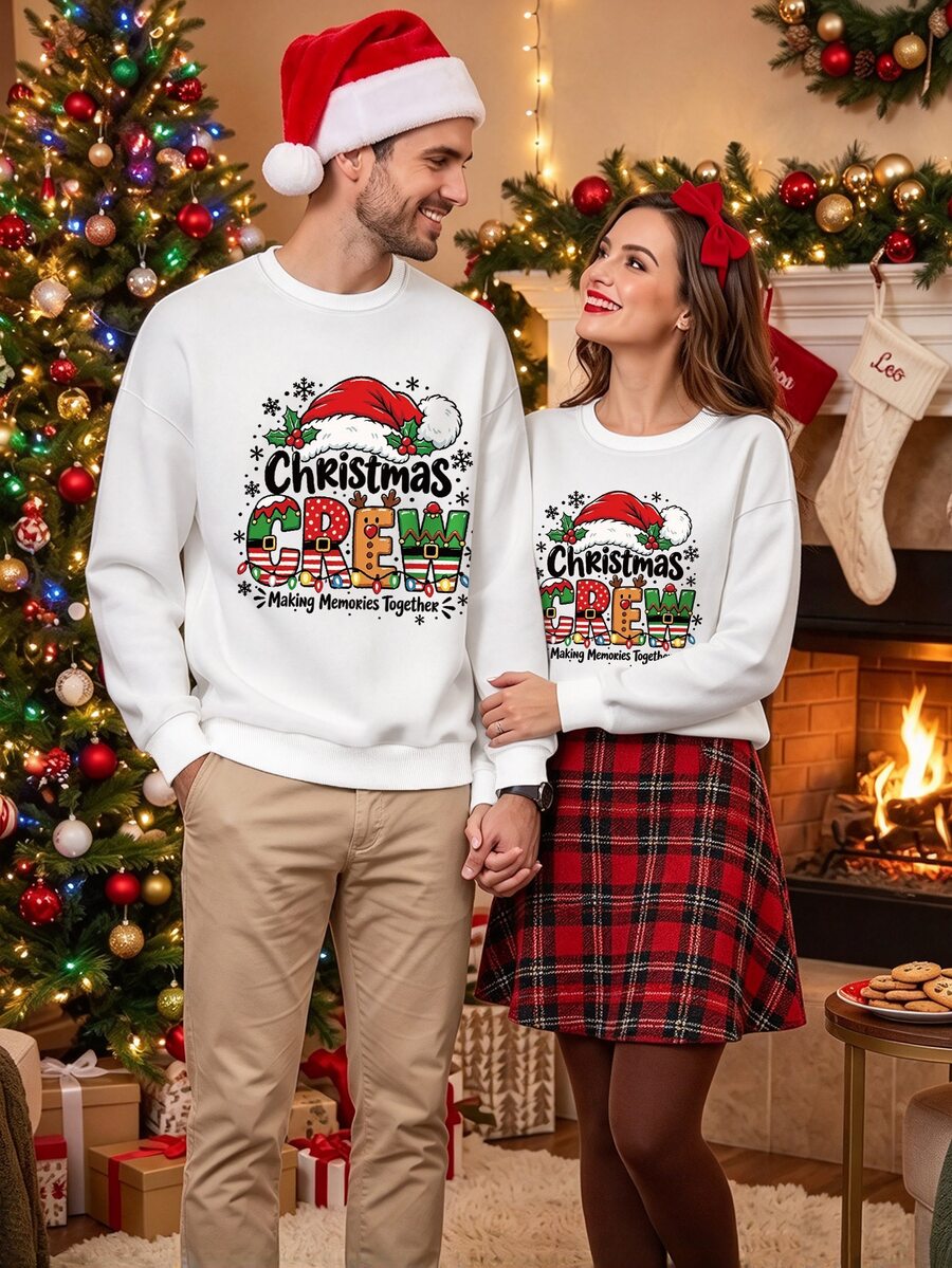 Manfinity Homme Men's Christmas Style Letter & Santa Hat Print Crew Neck Long Sleeve Sweatshirt - White - View 1