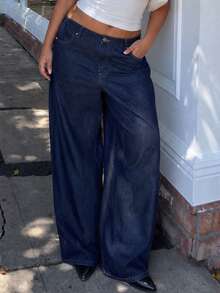 Dazy Plus Blogger Style Casual Wide Leg Long Denim Jeans All Season - Dark Wash - View 3