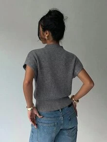 Aloruh Women's Casual Commuting Simple Solid Color Funnel Neck Batwing Sleeve Wide Hem Knit Top - Grey - View 3