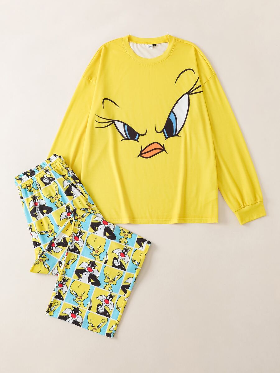 LOONEY TUNES X SHEIN Men's Cartoon Print Long Sleeve Top And Pants Casual Daily Loungewear Set - Yellow - View 1