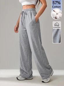 SHEIN Tall بنطال رياضي كاجوال نسائي بتصميم بسيط متعدد الاستخدامات بلون موحد مع خصر برباط وساق واسعة - رمادي - مشاهدة 6