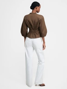 ATUI Studio Women's V-Neck Solid Color Single-Breasted Ruched Waist 3/4 Sleeve Commuter Versatile Blouse - Brown - View 7