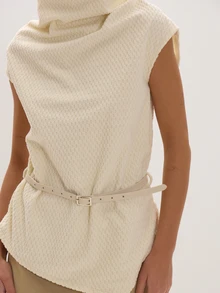 MUSEYN Cream Textured Slouchy Neck Asymmetric Top With Belt Versatile Everyday Casual Chic Date Night New Season Fall - White - View 5